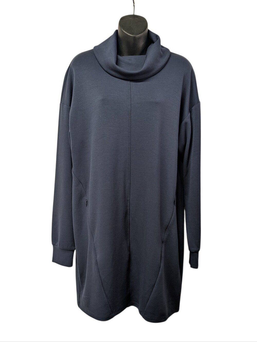 Stylus Women's Blue Cowl Neck Shift Knee Dress Long Sleeve Pockets Size M